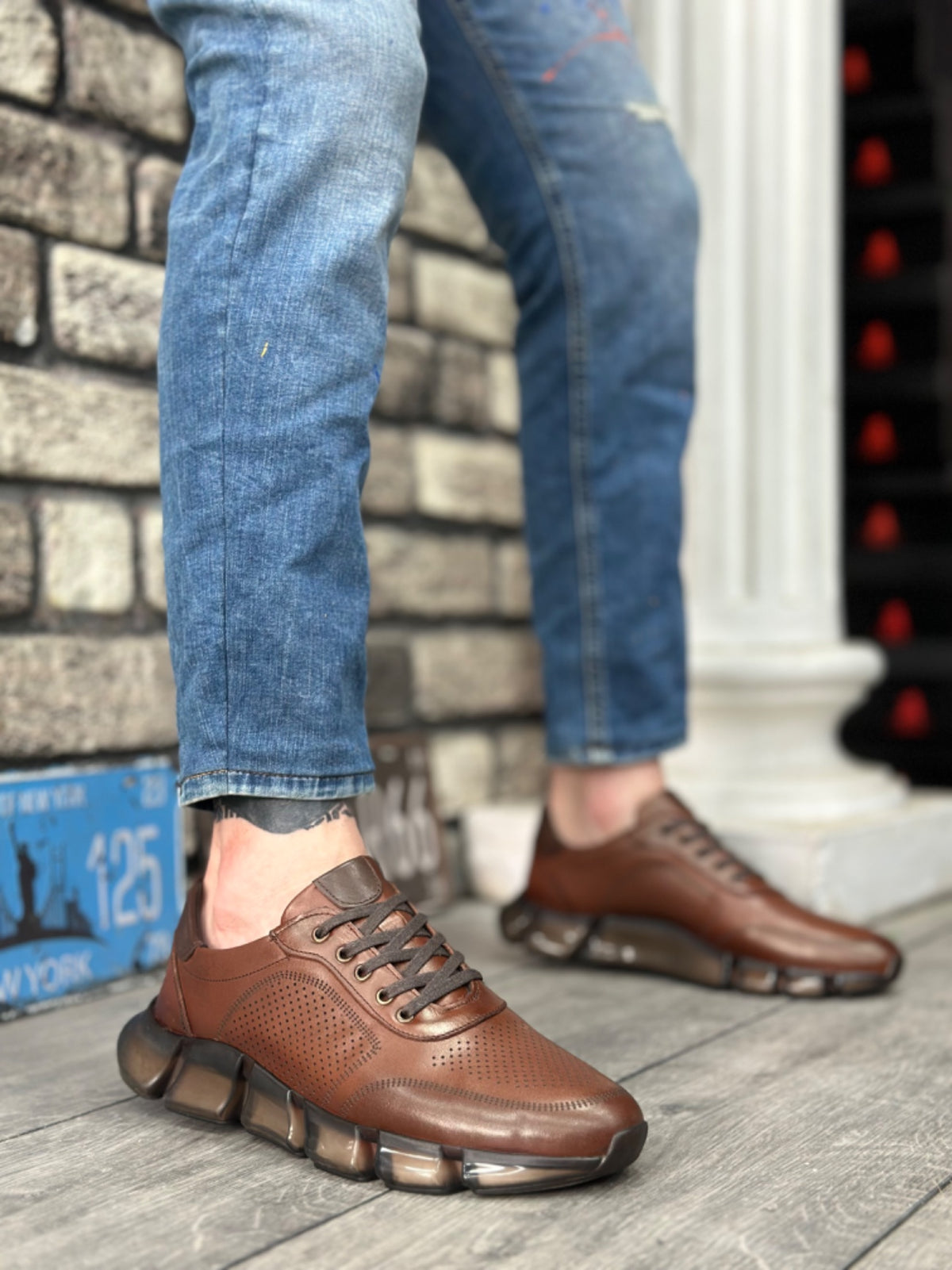 BA0344 Inside and Outside Genuine Leather Comfortable Sole Tan Sneakers Casual Men's Shoes - STREETMODE ™