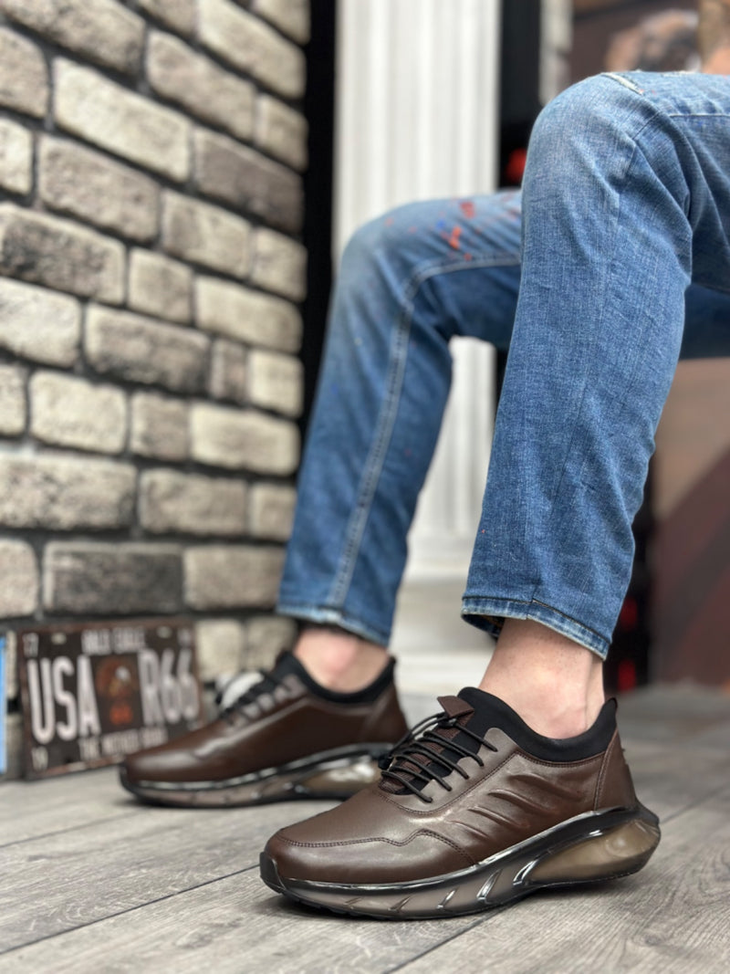 BA0345 Genuine Leather Comfortable Sole Adjustable Rubber Lace Patterned Brown Casual Men's Shoes - STREETMODE ™