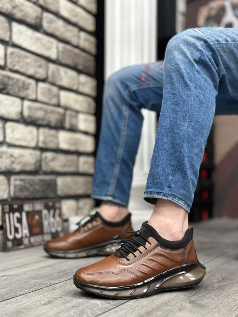 BA0345 Genuine Leather Comfortable Sole Adjustable Rubber Lace Patterned Tan Casual Men's Shoes - STREETMODE ™