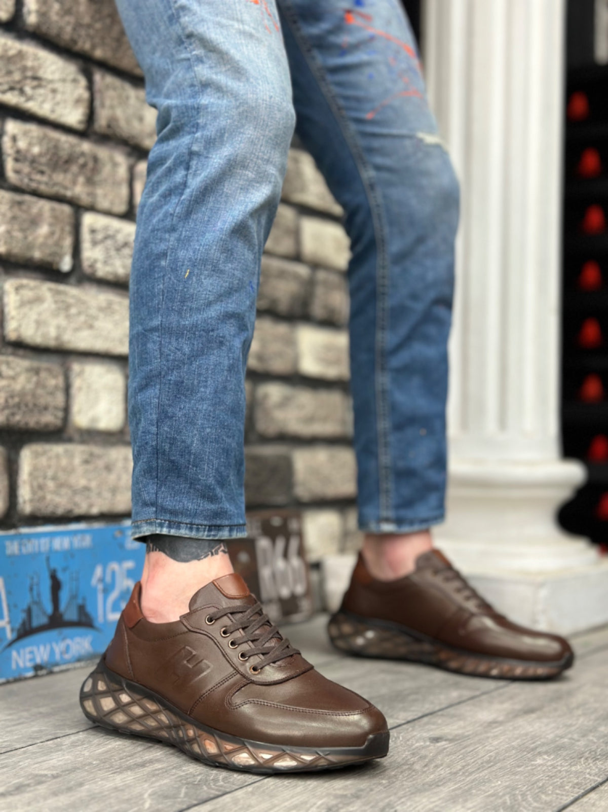 BA0346 Inside and Outside Genuine Leather Comfortable Sole H Detailed Brown Sneakers Casual Men's Shoes - STREETMODE ™