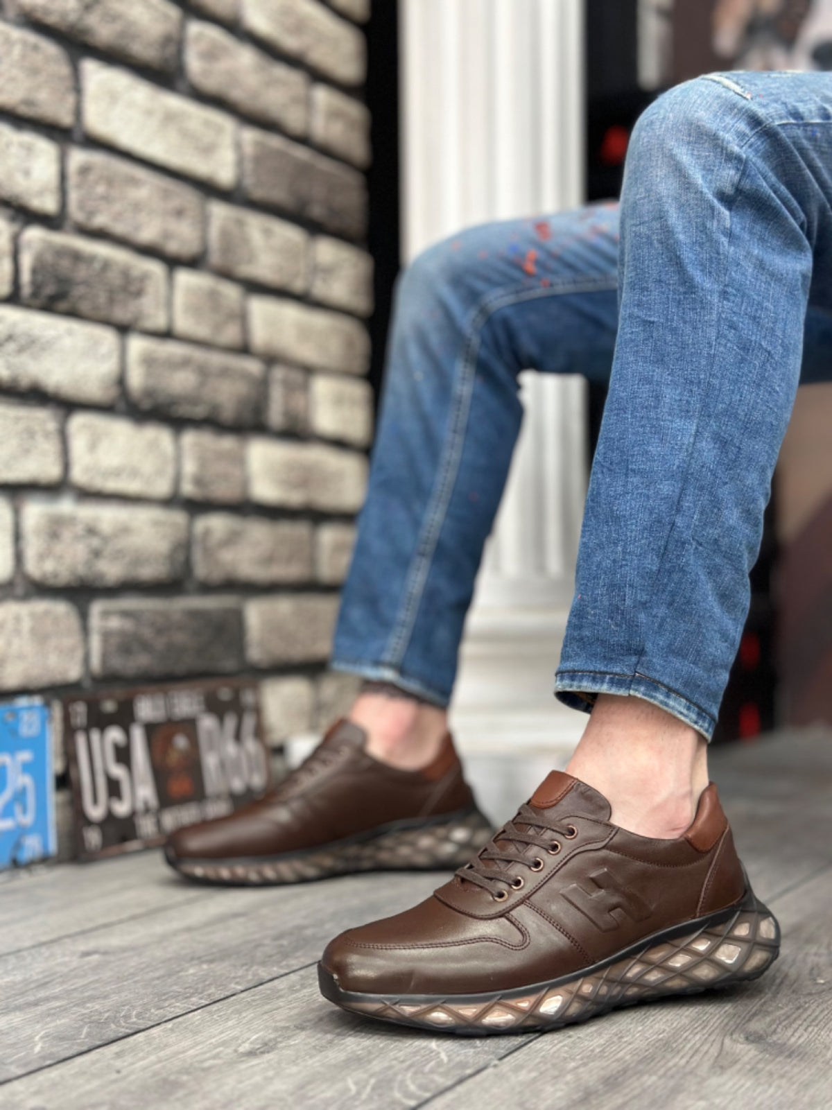 BA0346 Inside and Outside Genuine Leather Comfortable Sole H Detailed Brown Sneakers Casual Men's Shoes - STREETMODE ™