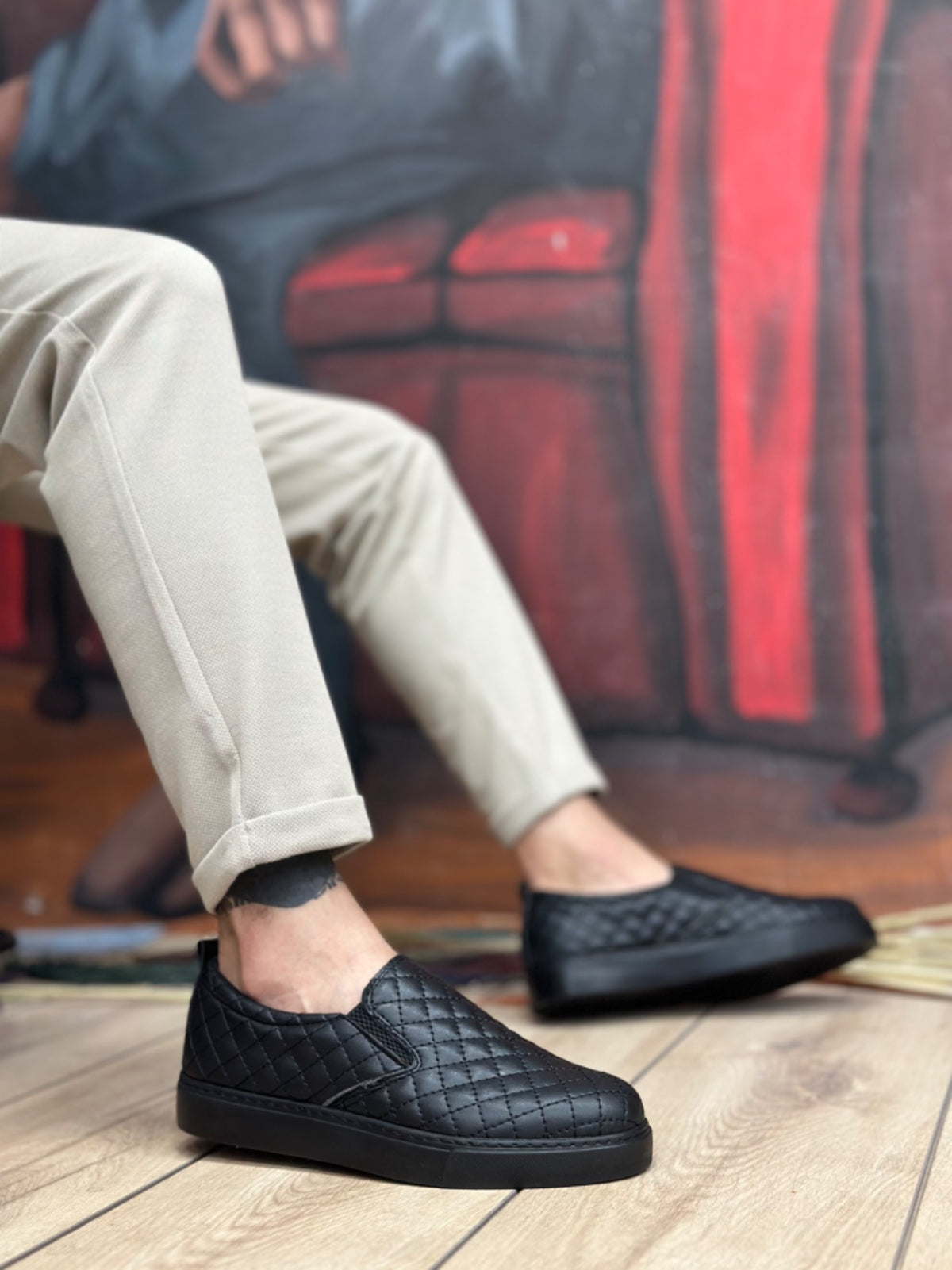 BA0353 Laceless Quilted Black Casual Men's Shoes