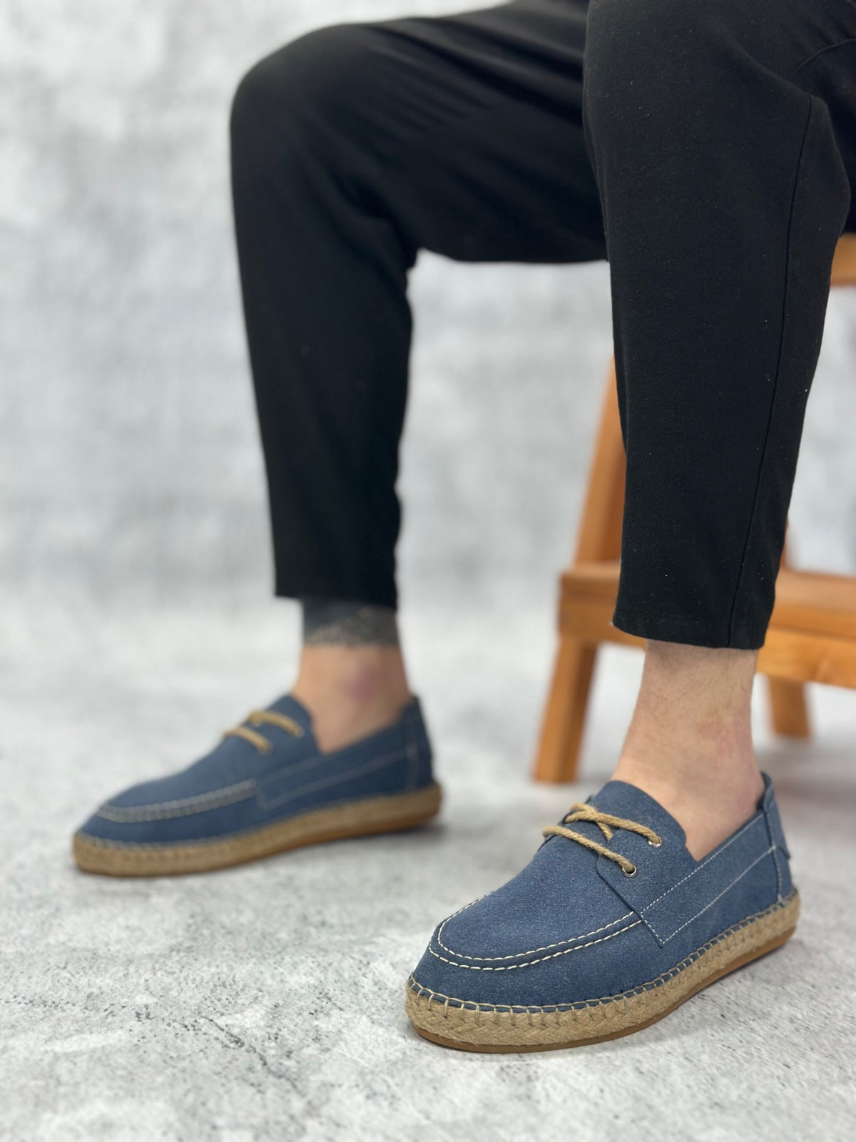 BA0358 Natural Leather Powder Laced Rubber Handmade Espadrille Sole Blue Color Men's Shoes