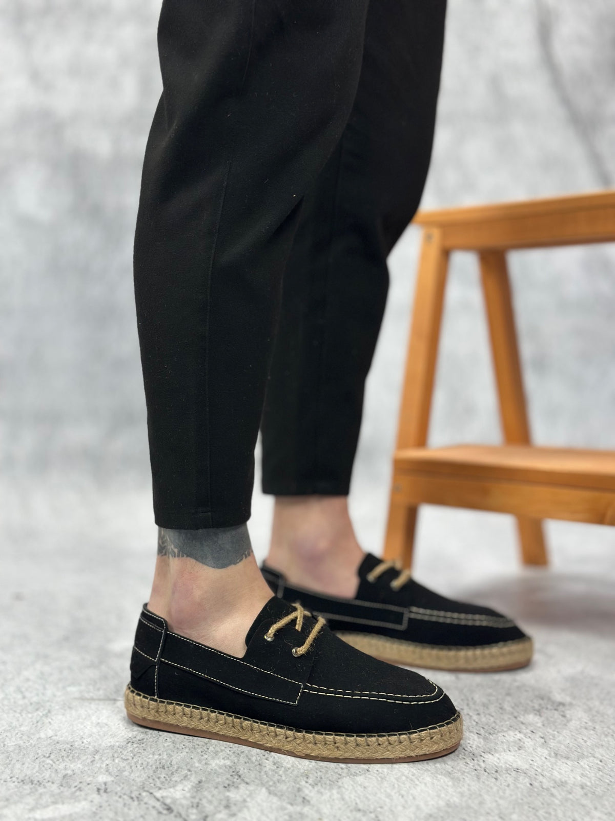 BA0358 Natural Leather Powder Laced Rubber Handmade Espadrille Sole Black Color Men's Shoes