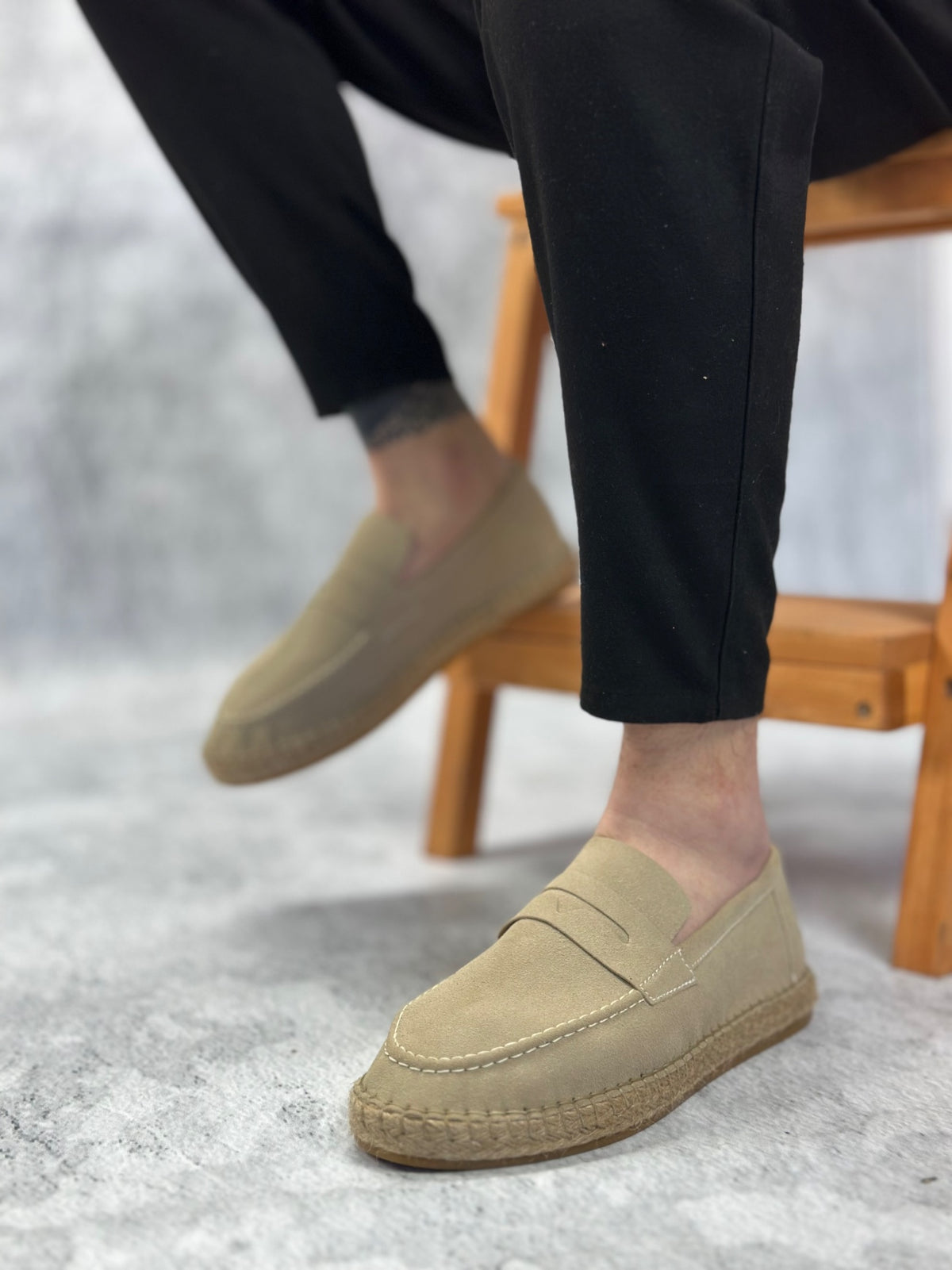 BA0359 Natural Leather Powder Laceless Rubber Handmade Espadrille Sole Cream Color Men's Shoes | STREETMODE BA0359 Natural Leather Powder Laceless Rubber Handmade Espadrille Sole Cream Color Men's Shoes | STREETMODE