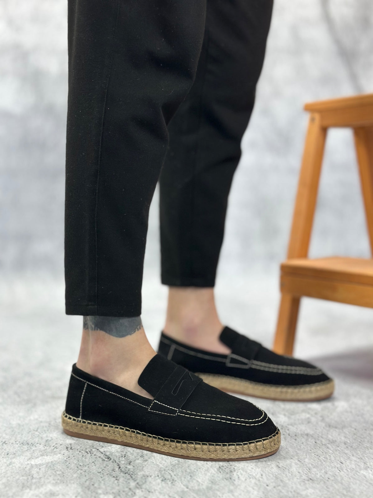 BA0359 Natural Leather Powder Laceless Rubber Handmade Espadrille Sole Black Color Men's Shoes