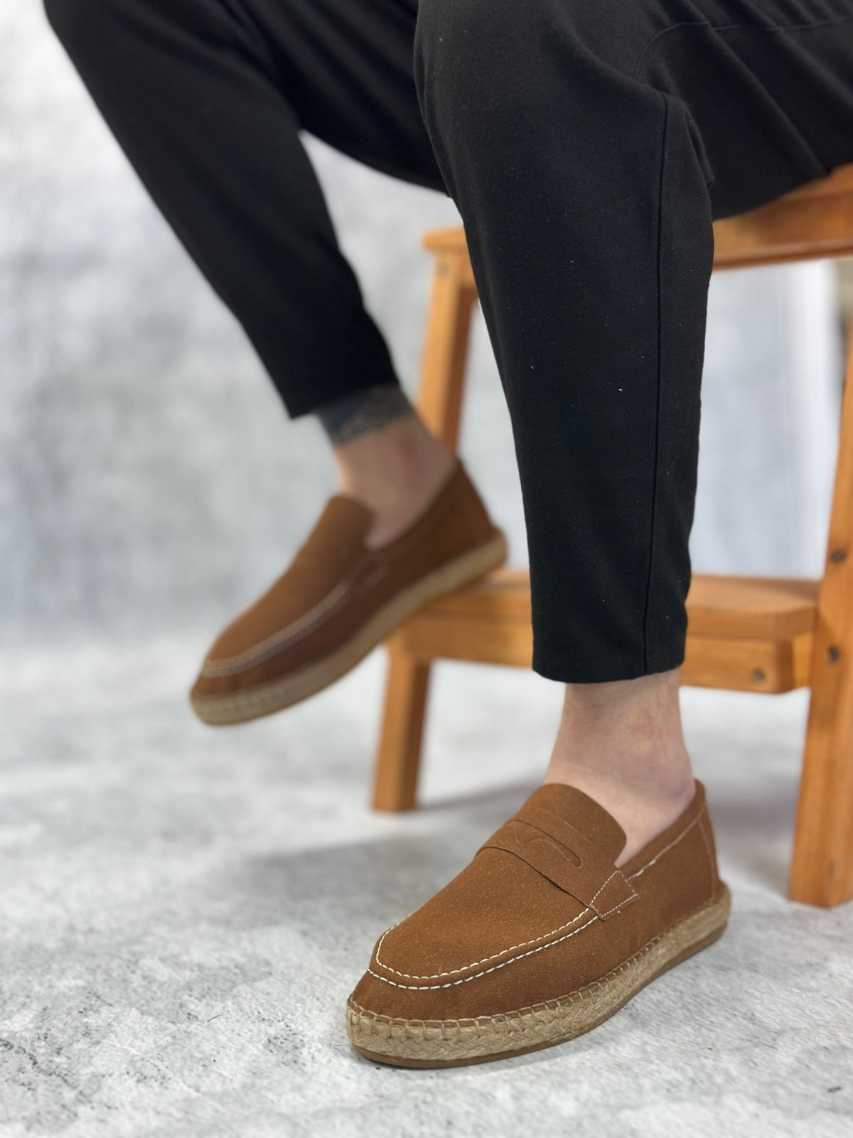 BA0359 Natural Leather Powder Laceless Rubber Handmade Espadrille Sole Tan Color Men's Shoes