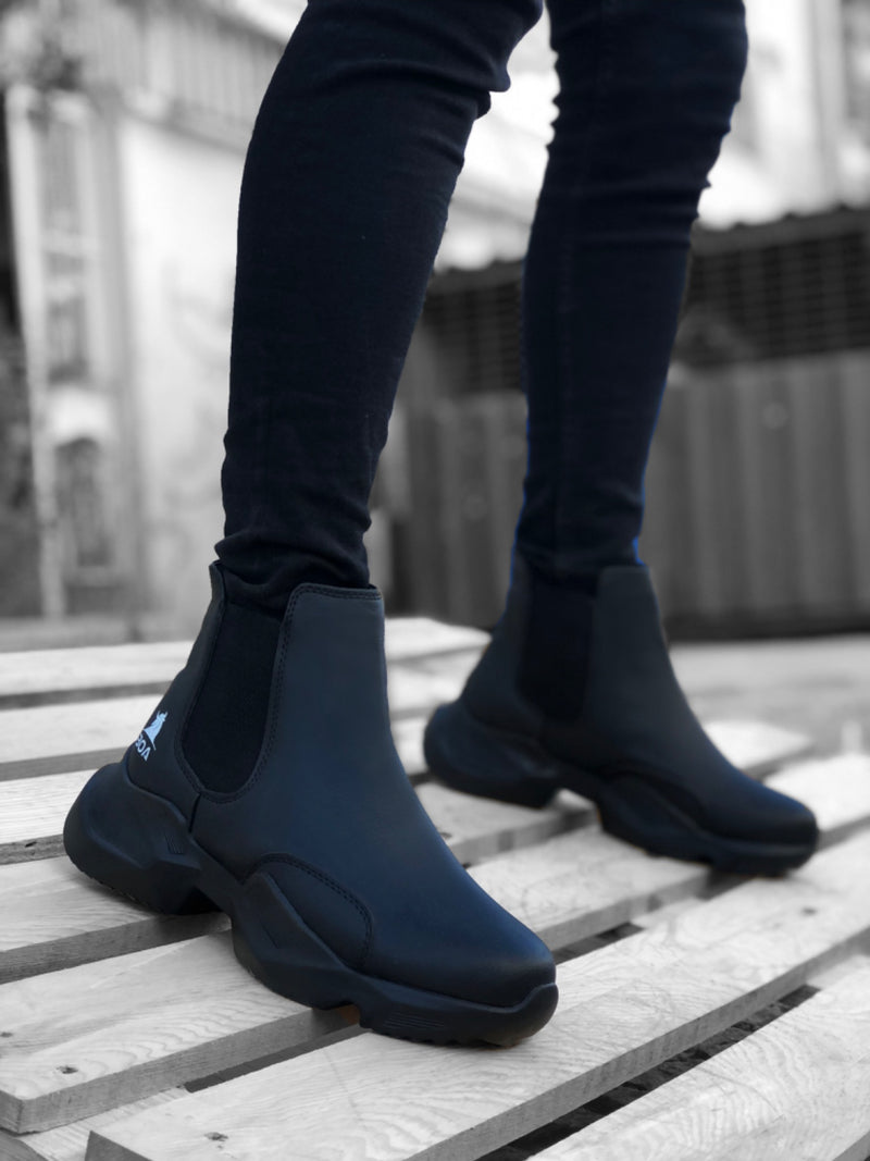 BA0444 Laceless Comfortable High Sole Black Men's Sports Half Ankle Boots - STREETMODE ™