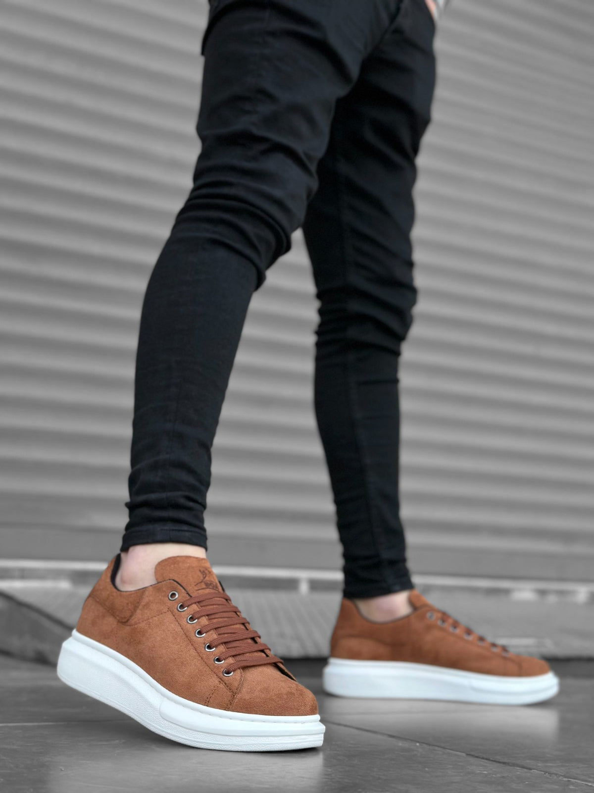 BA0547 Thick High Sole Tan Suede Lace-up Sports Men's Sneakers Shoes - STREETMODE ™