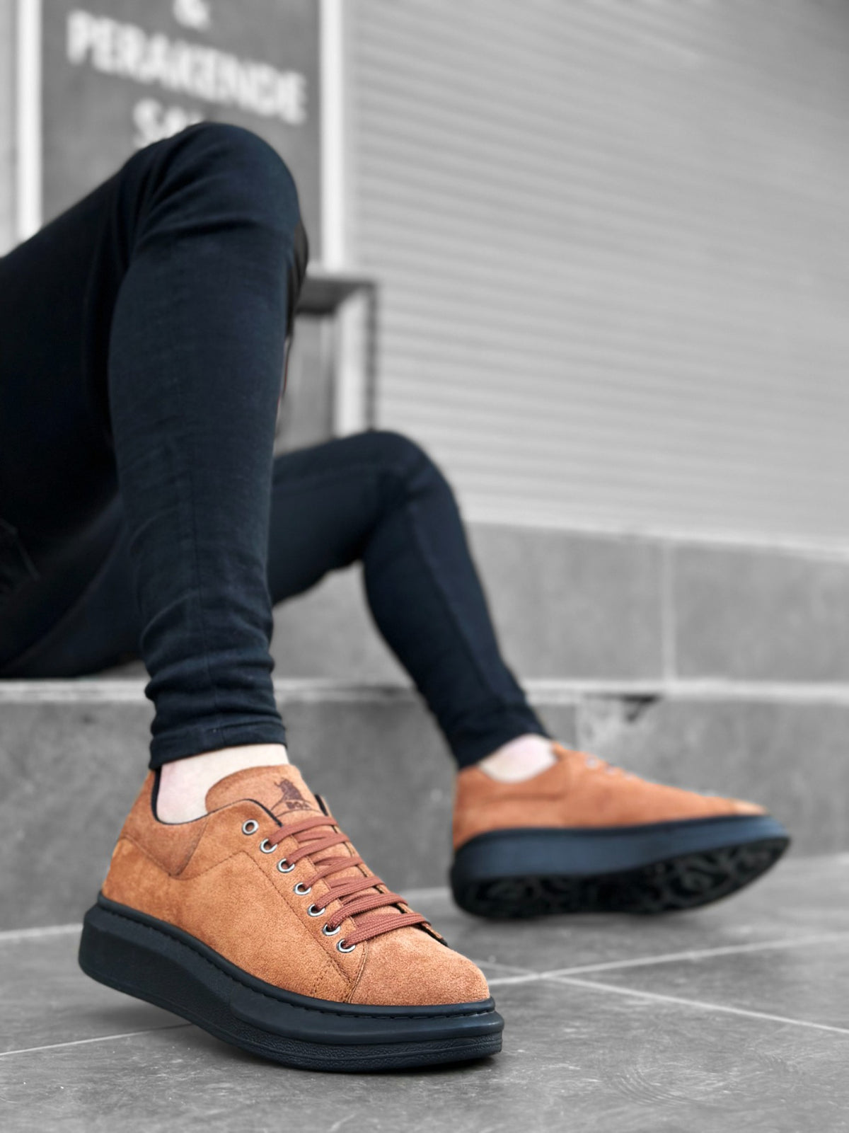BA0547 Thick High Sole Tan Black Suede Lace-up Sports Men's Sneakers Shoes