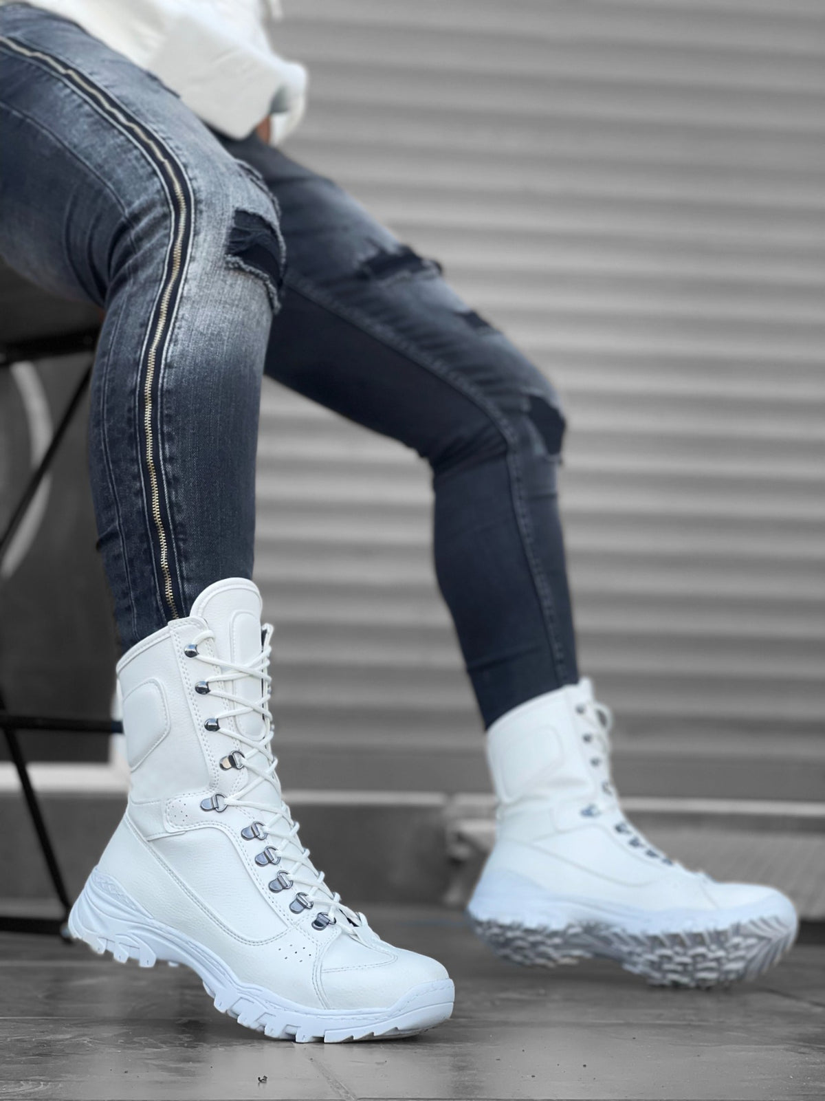 BA0605 Men's Lace-Up White Military Combat Boots