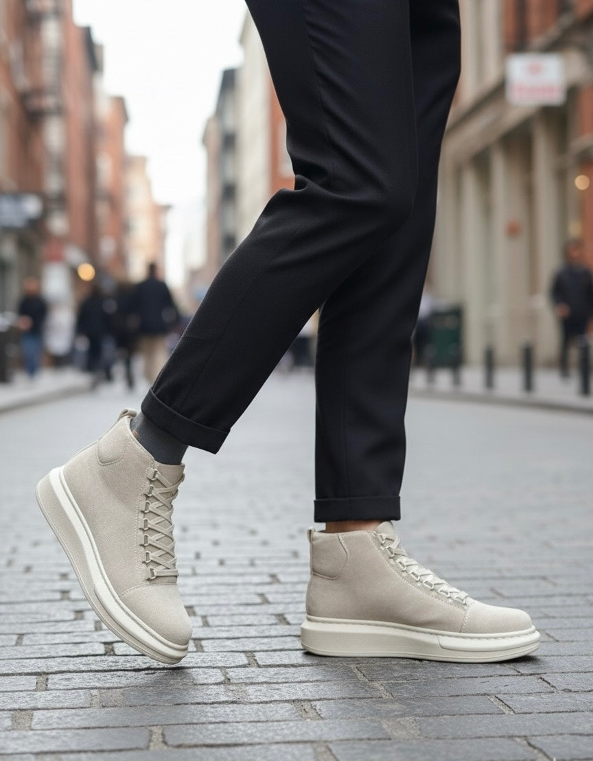 BA0713 Lace-Up Suede Beige High Sole Men's Style Sports Boots