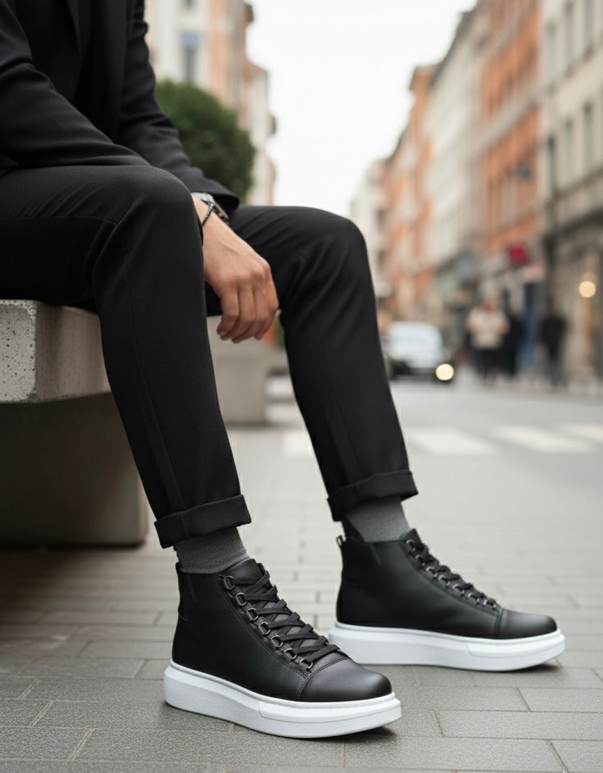 BA0713 Lace-Up High Black White Sole Men's Style Sports Boots