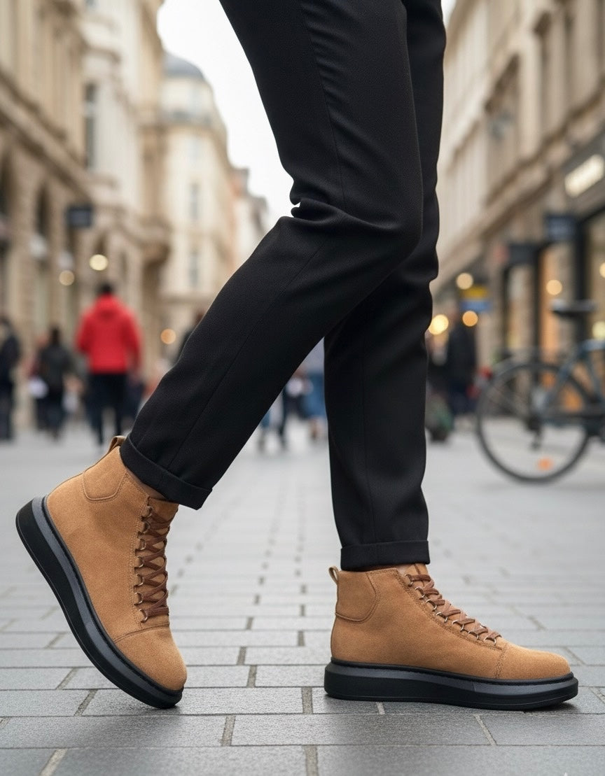 BA0713 Lace-Up High-Tan Suede Black Sole Men's Style Sports Boots