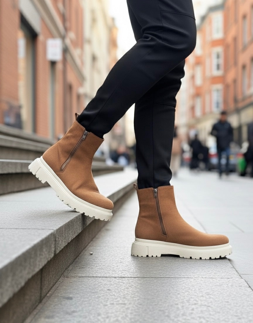 BA0777 Suede Tan Cream Sole Double Zippered Men's Half Ankle Boots