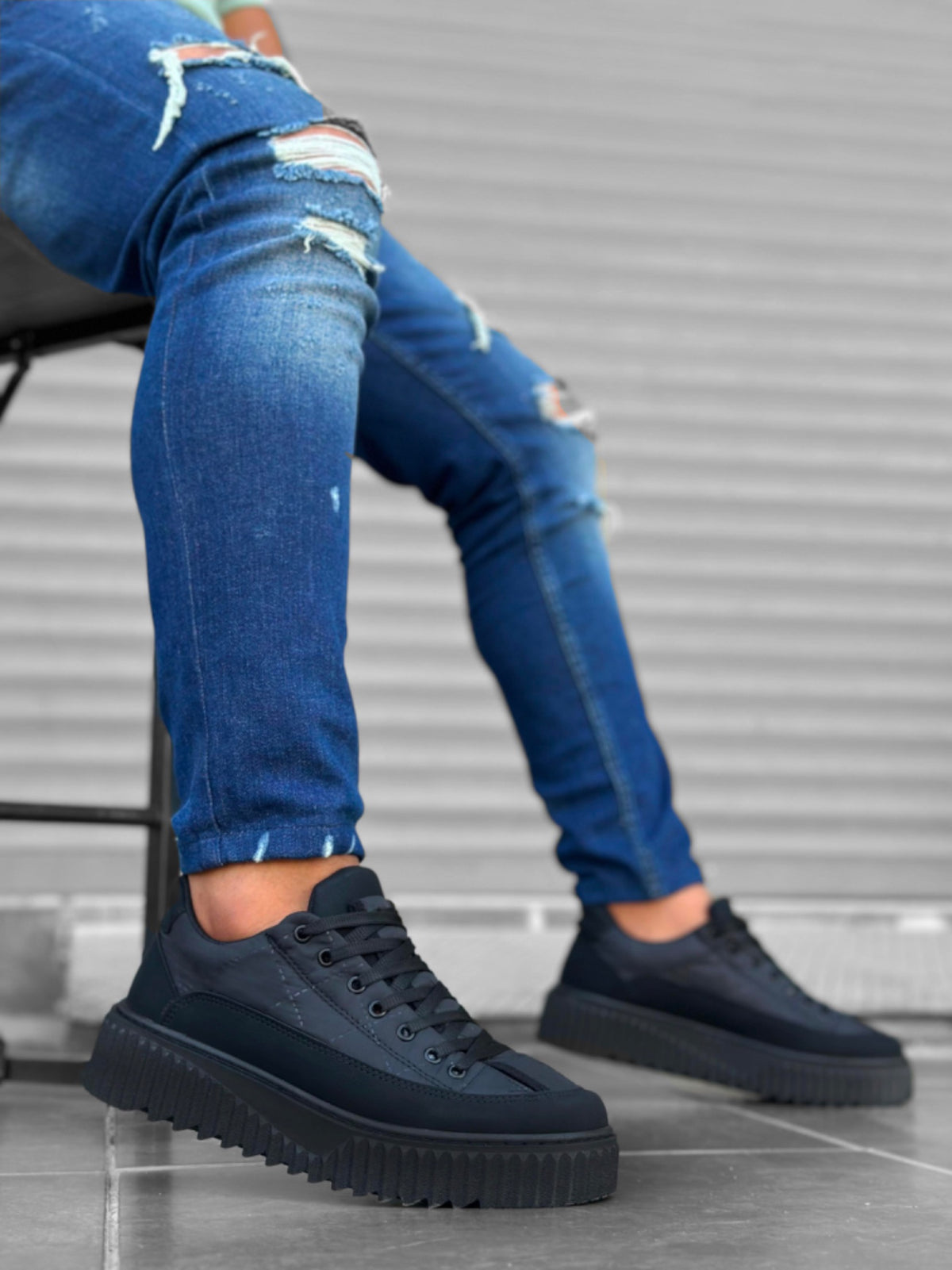 BA0801 Black High Sole Black Parachute Fabric Skin Detail Men's Sneakers Shoes - STREETMODE ™