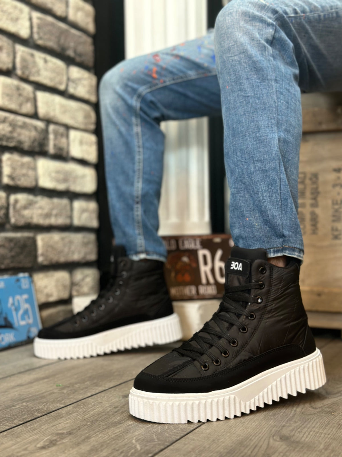 BA0811 High White Sole Black Parachute Fabric Skin Detailed Half Ankle Sports Boots - STREETMODE ™