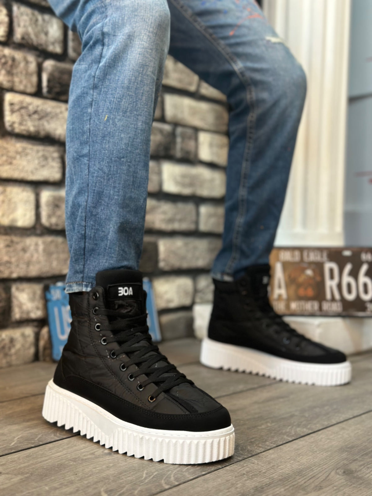 BA0811 High White Sole Black Parachute Fabric Skin Detailed Half Ankle Sports Boots - STREETMODE ™