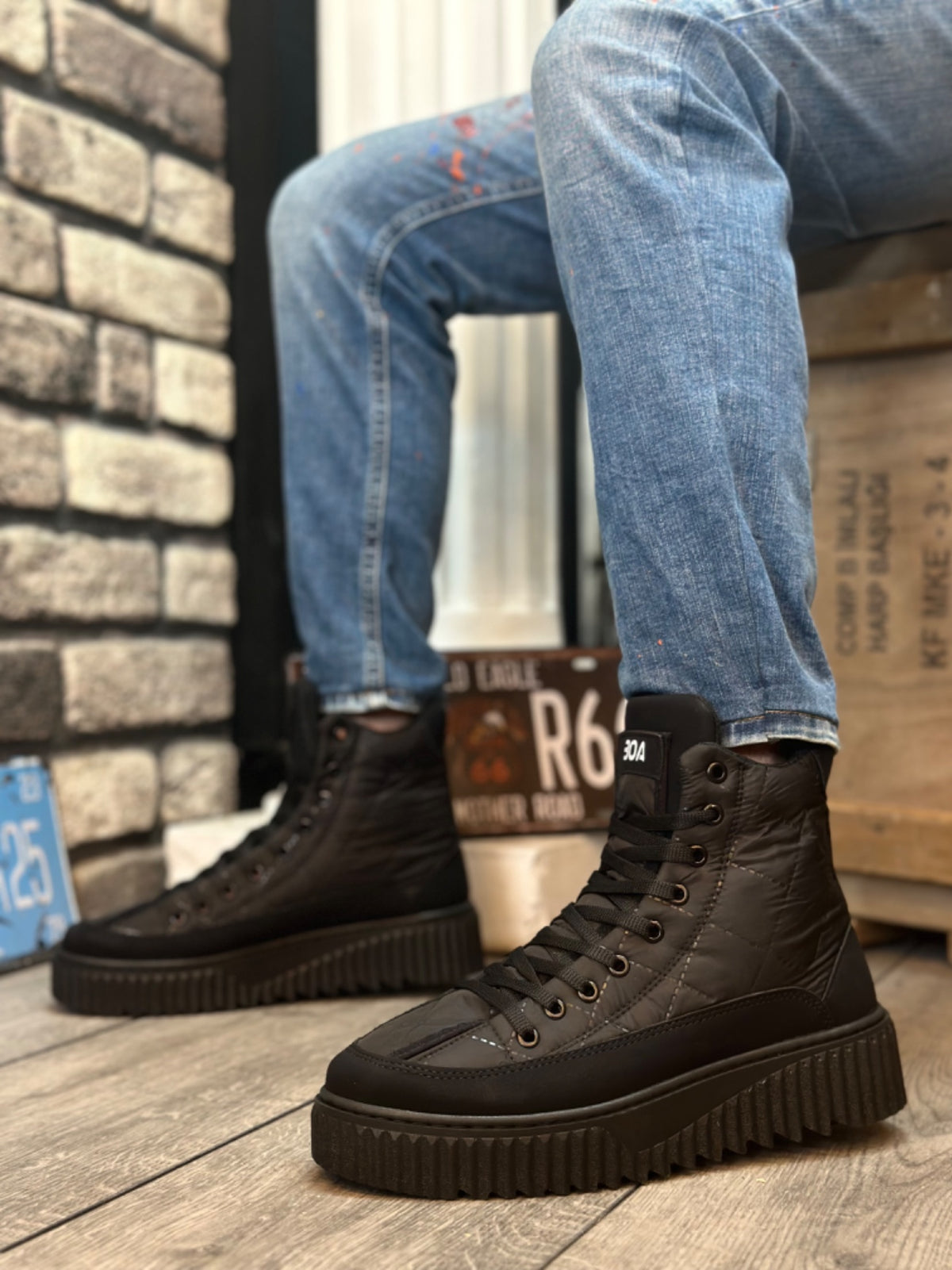 BA0811 High Black Sole Black Parachute Fabric Skin Detailed Half Ankle Sports Boots - STREETMODE ™