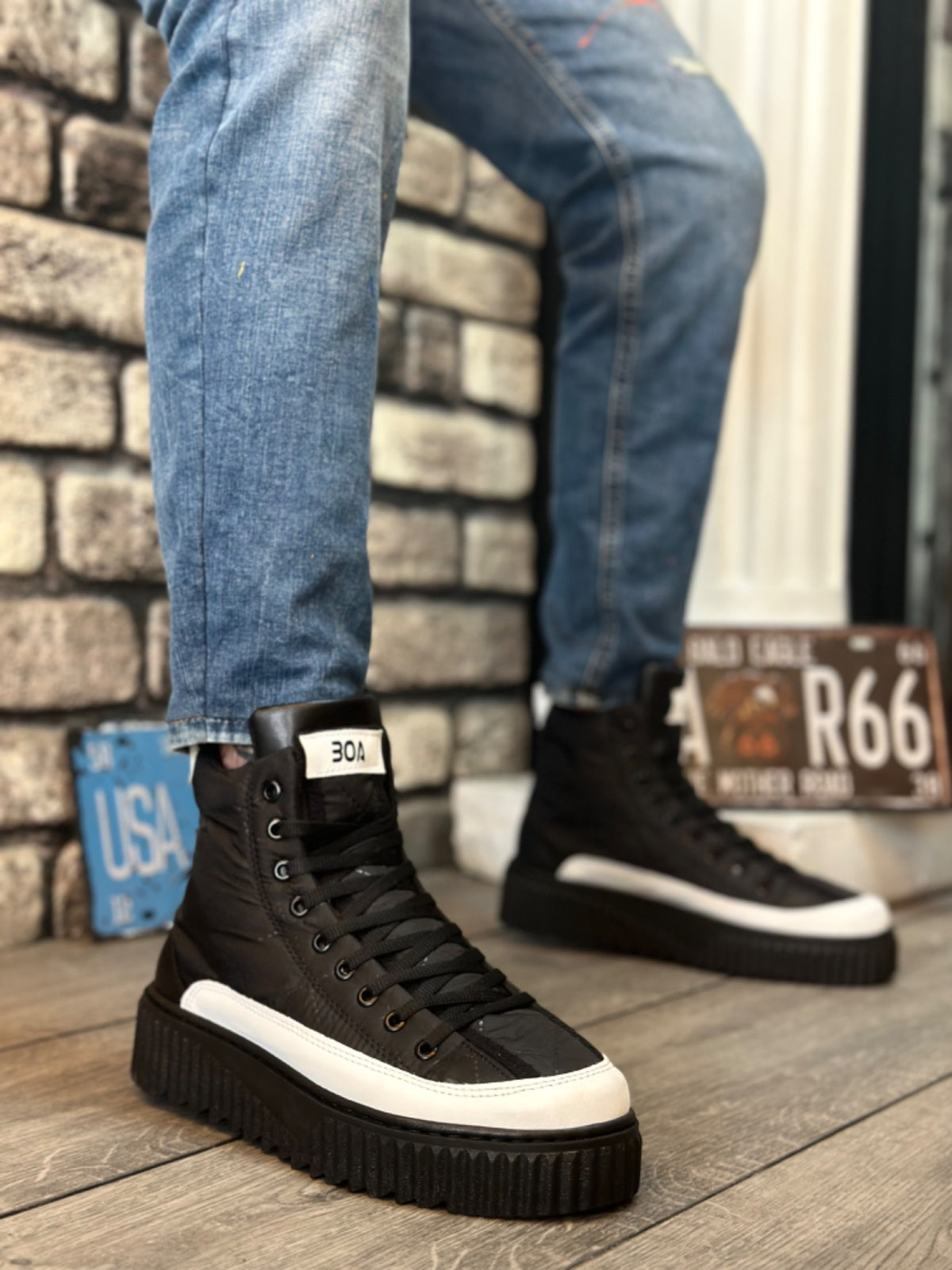 BA0811 High Sole Black Parachute Fabric Half Ankle Sports Boots with White Skin Detail - STREETMODE ™