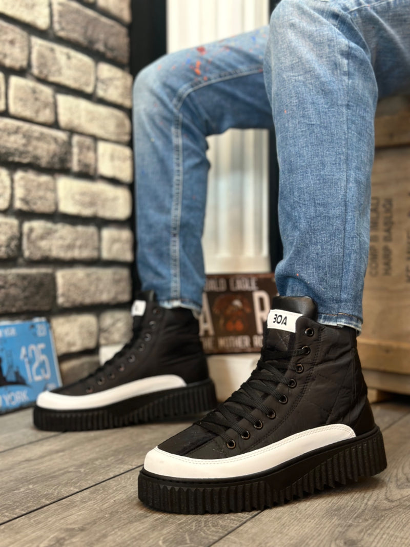 BA0811 High Sole Black Parachute Fabric Half Ankle Sports Boots with White Skin Detail - STREETMODE ™