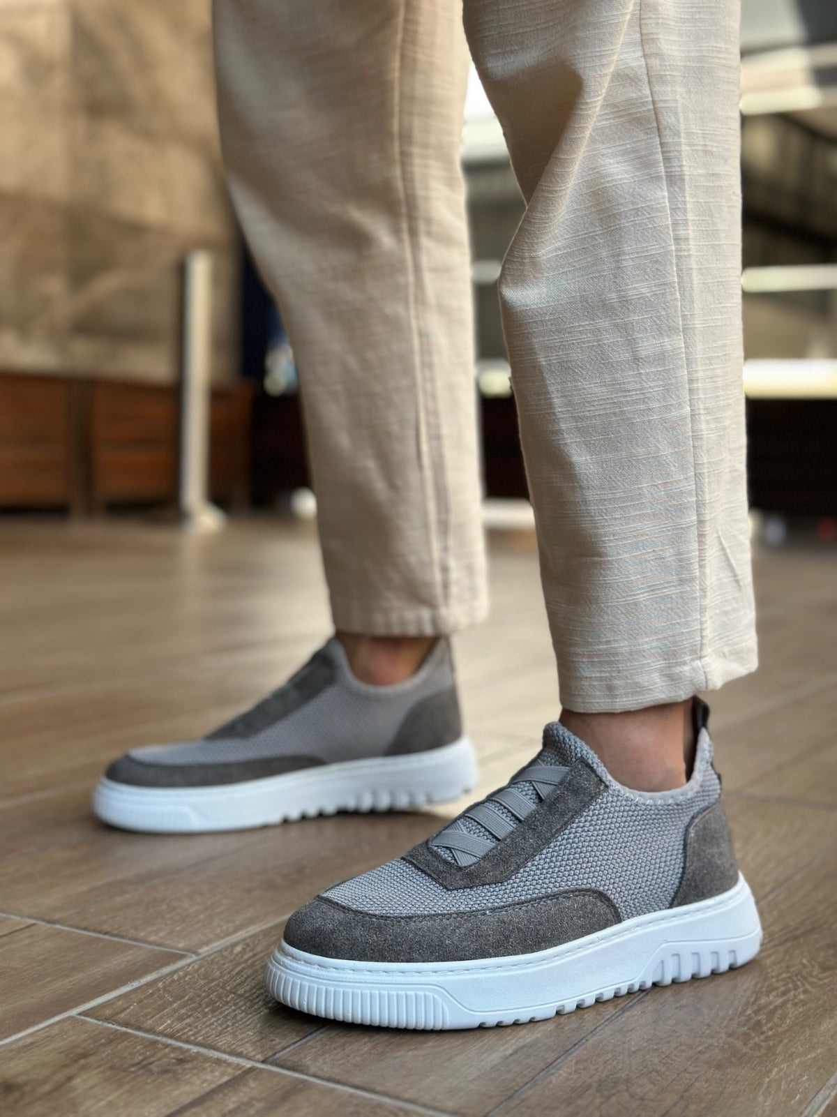 BA0911 Special Knitted Knitwear Leather Dust Detailed Gray Casual Sneakers