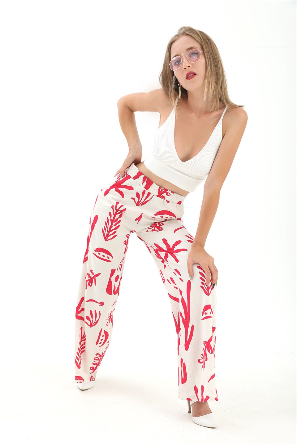 Women's Printed Linen Wide Leg Pants - Fuchsia - STREETMODE ™