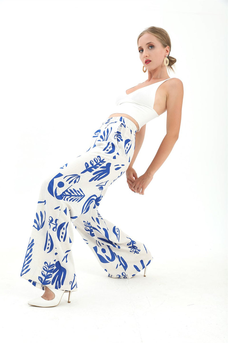 Women's Printed Linen Wide Leg Pants - Sax Blue - STREET MODE ™