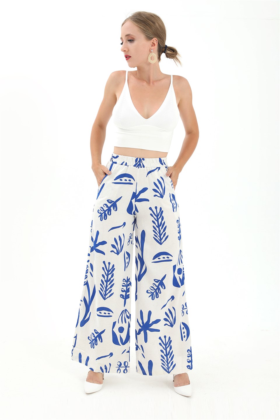 Women's Printed Linen Wide Leg Pants - Sax Blue - STREET MODE ™