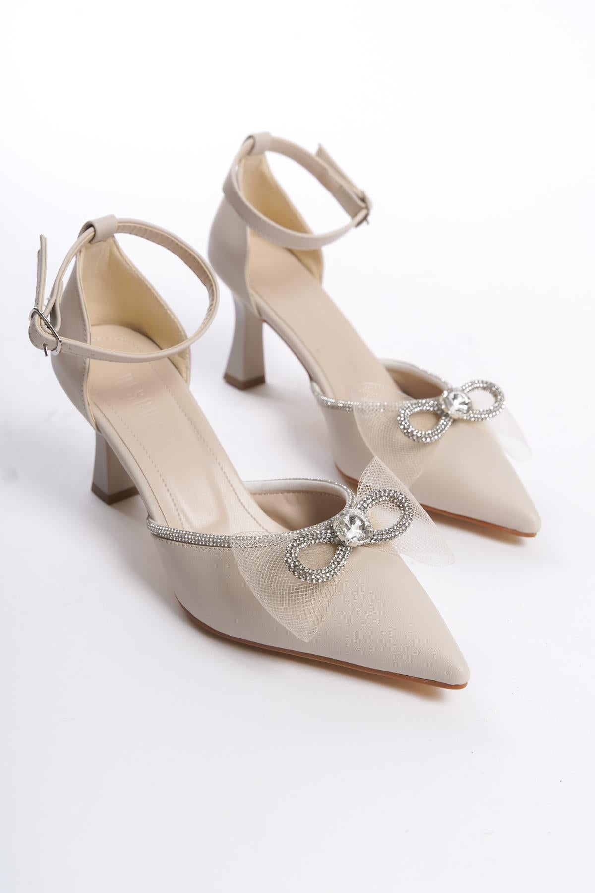 Women's Asda Beige Thin Heel Bow Evening Dress Pointed Toe Shoes - STREETMODE ™