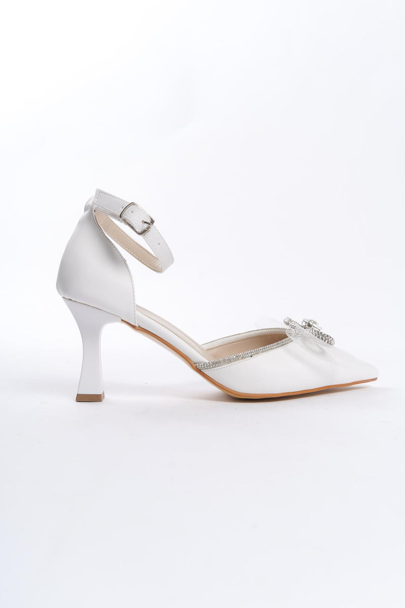 Women's White Thin Heel Bow Evening Dress Pointed Toe Shoes - STREETMODE ™