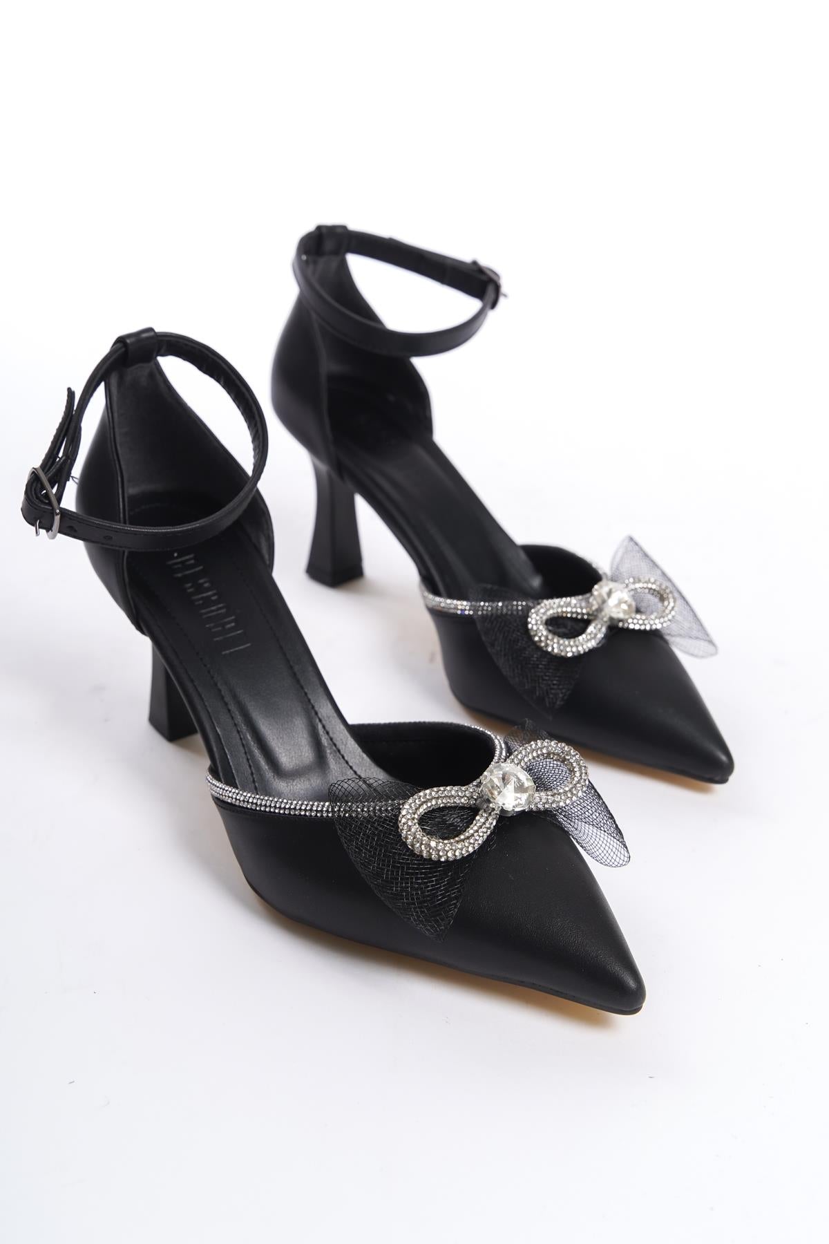 Women's Asda Black Thin Heel Bow Evening Dress Pointed Toe Shoes - STREETMODE ™