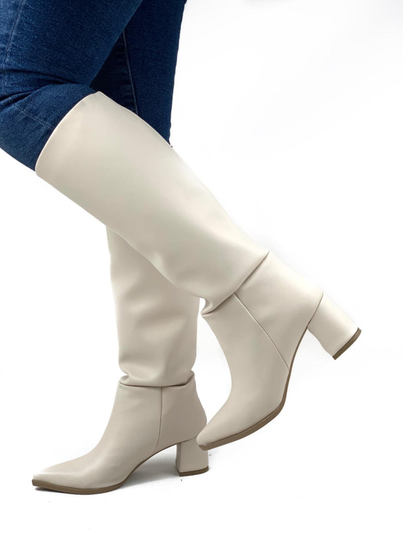 Women's Beige Dais Zipperless Heeled Leather Boots - STREETMODE ™