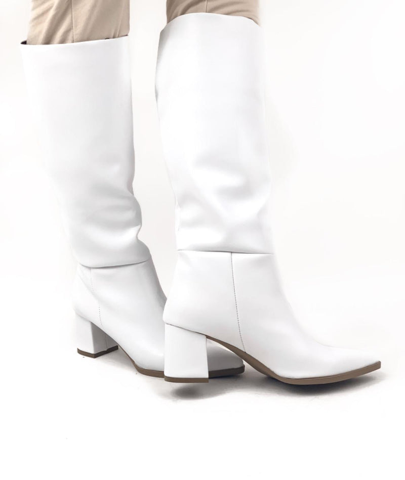 Women's White Dais Zipperless Heeled Leather Boots - STREETMODE ™