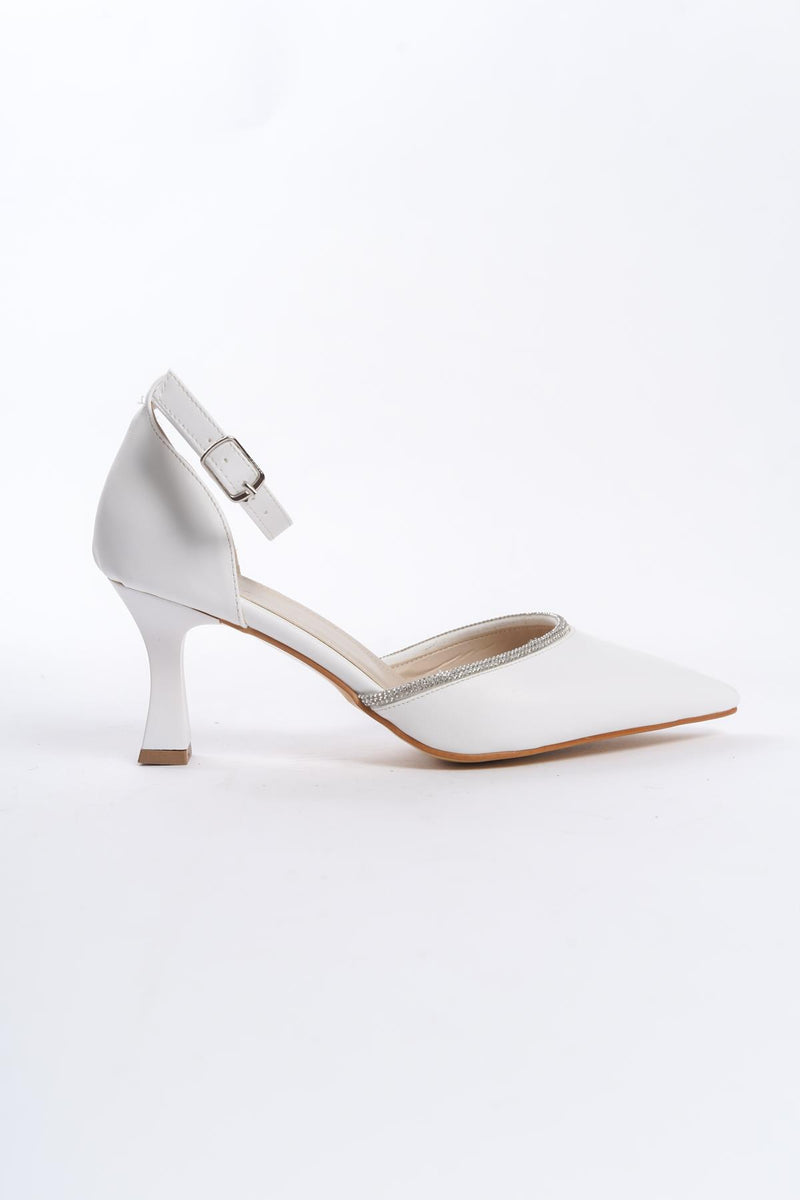 Women's White Kenm Siciri Toe Thin Heel Stone Detailed Daily Evening Shoes - STREETMODE ™