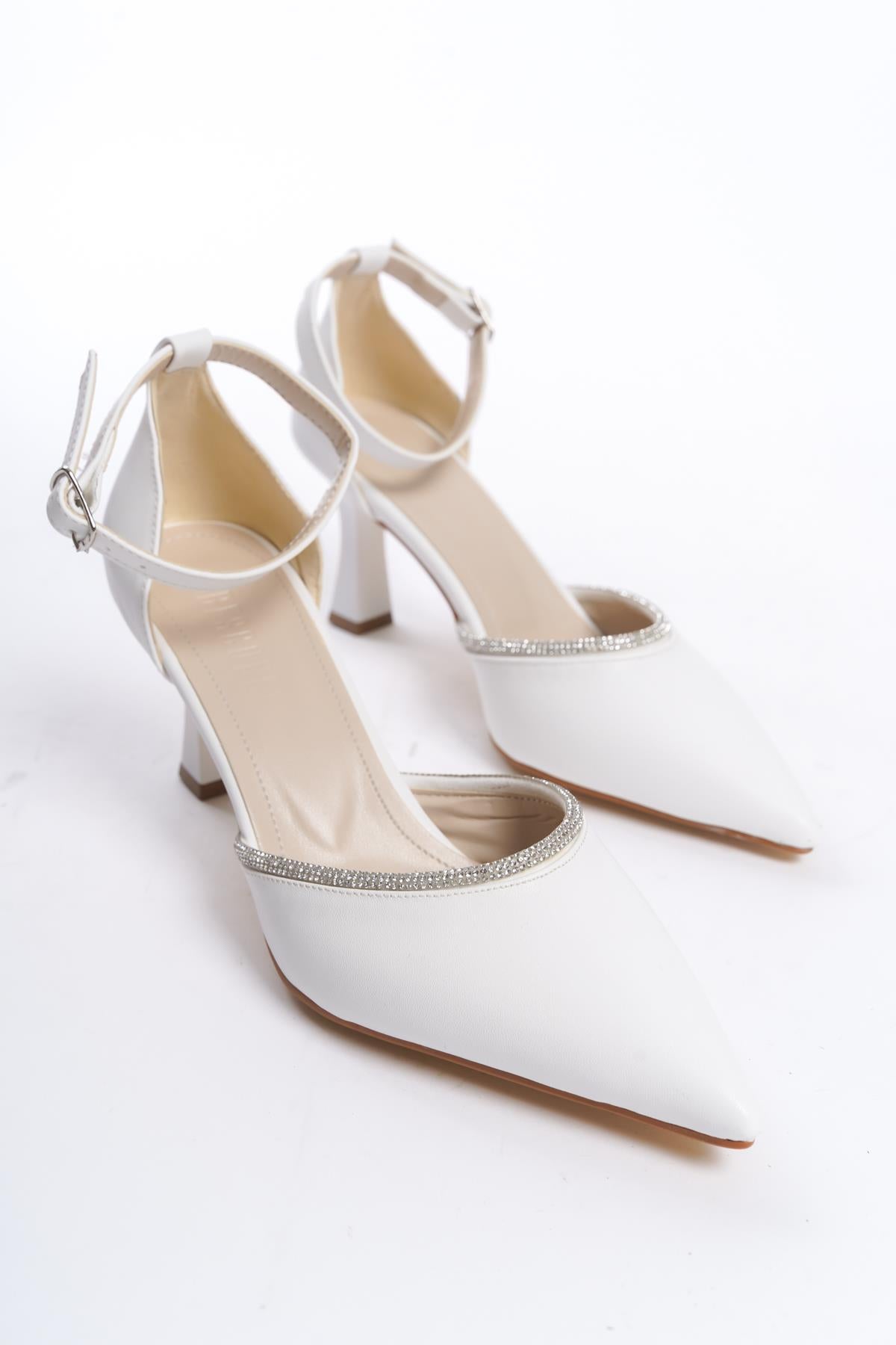 Women's White Kenm Siciri Toe Thin Heel Stone Detailed Daily Evening Shoes - STREETMODE ™