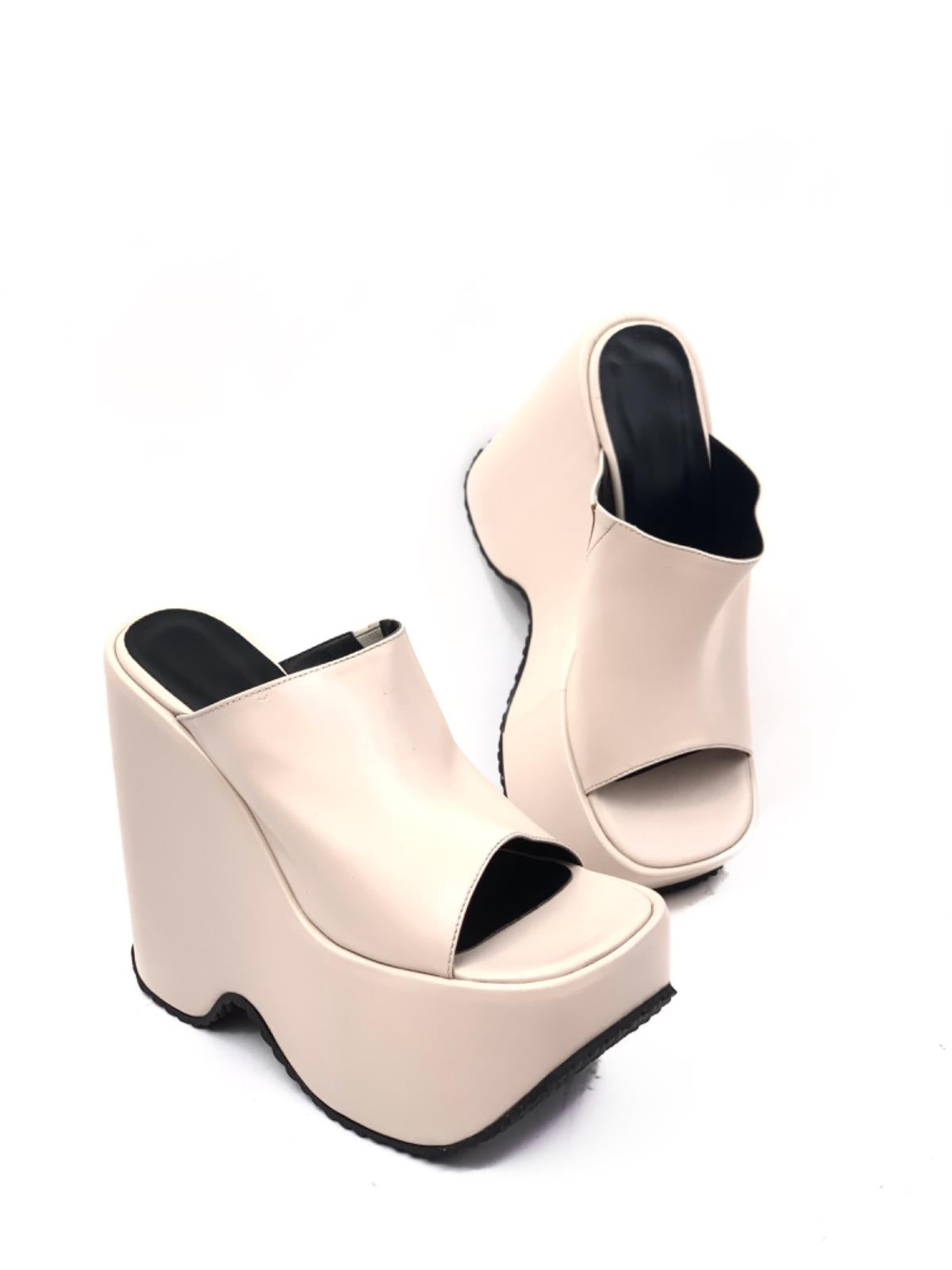 Women's Foon Beige High Heel Skin Platform Slippers - STREETMODE ™