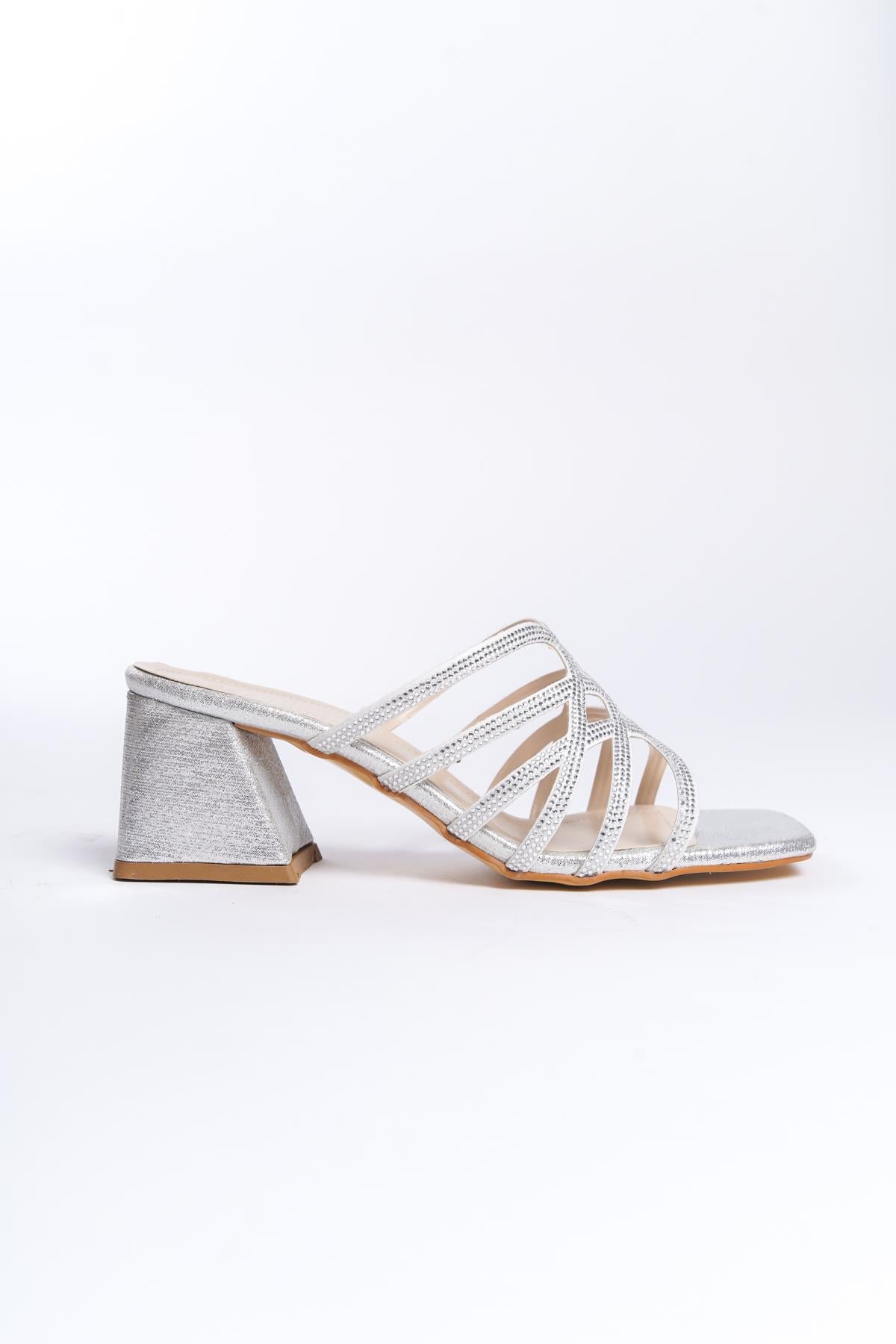 Women's Silver Stone Detailed 5 cm Heeled Slippers - STREETMODE ™