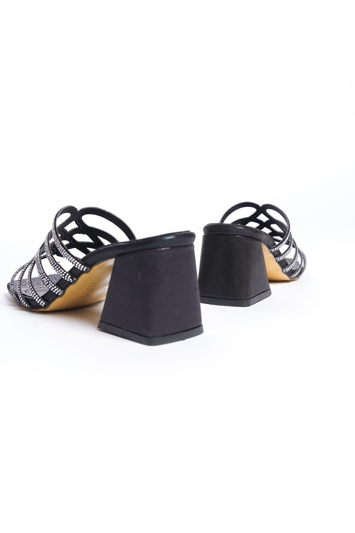 Women's Black Stone Detailed 5 cm Heel Slippers - STREETMODE ™