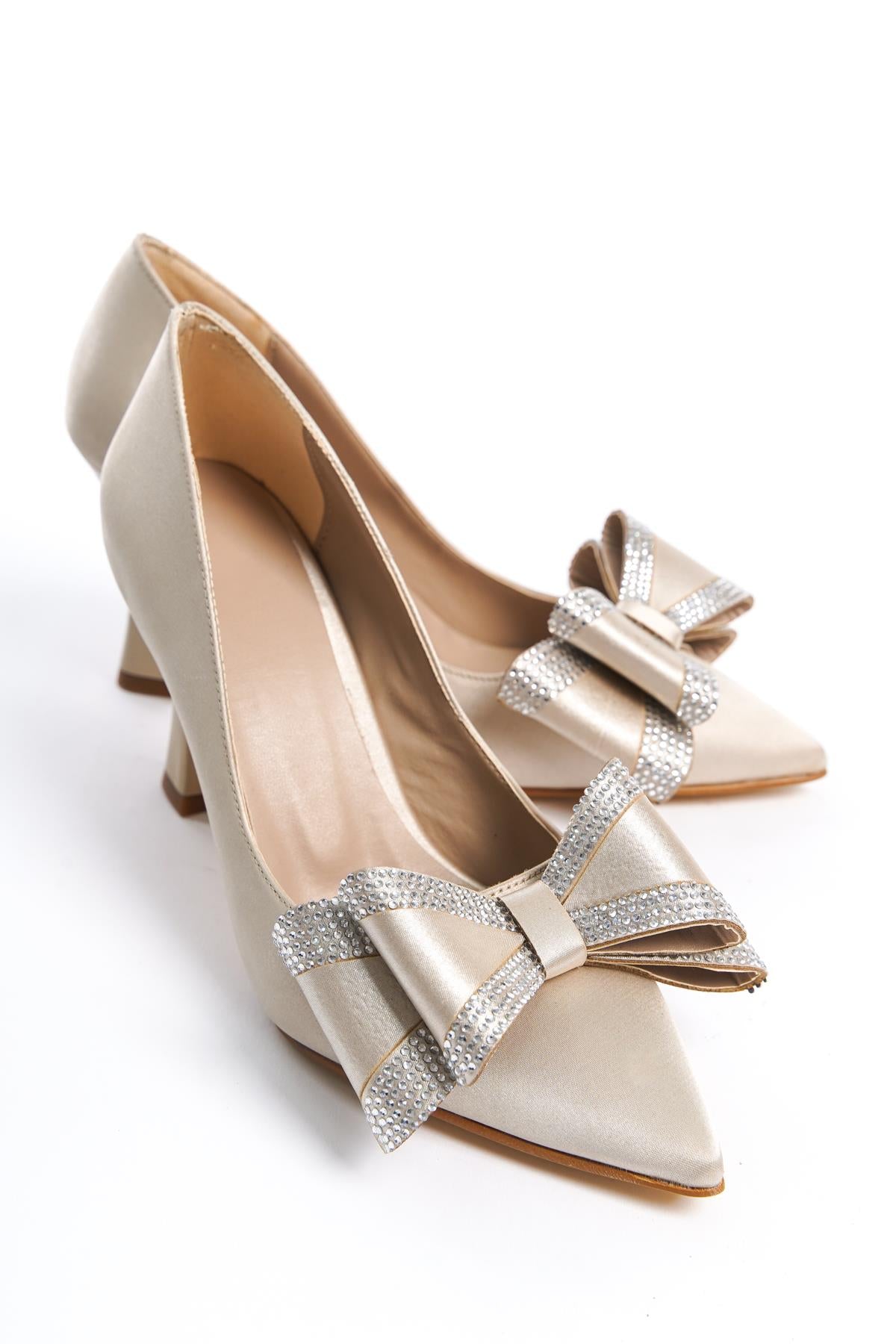 Women's Beige Fasm Satin Painted Heel Bow Detailed Evening Dress Shoes