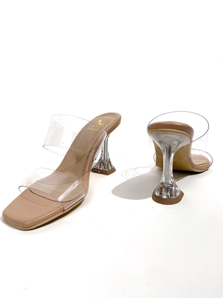 Women's Edv Nut Transparent Tape Transparent Champagne Heeled Slippers - STREETMODE ™