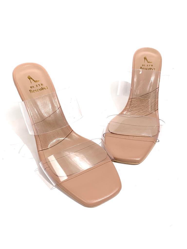 Women's Edv Nut Transparent Tape Transparent Champagne Heeled Slippers - STREETMODE ™