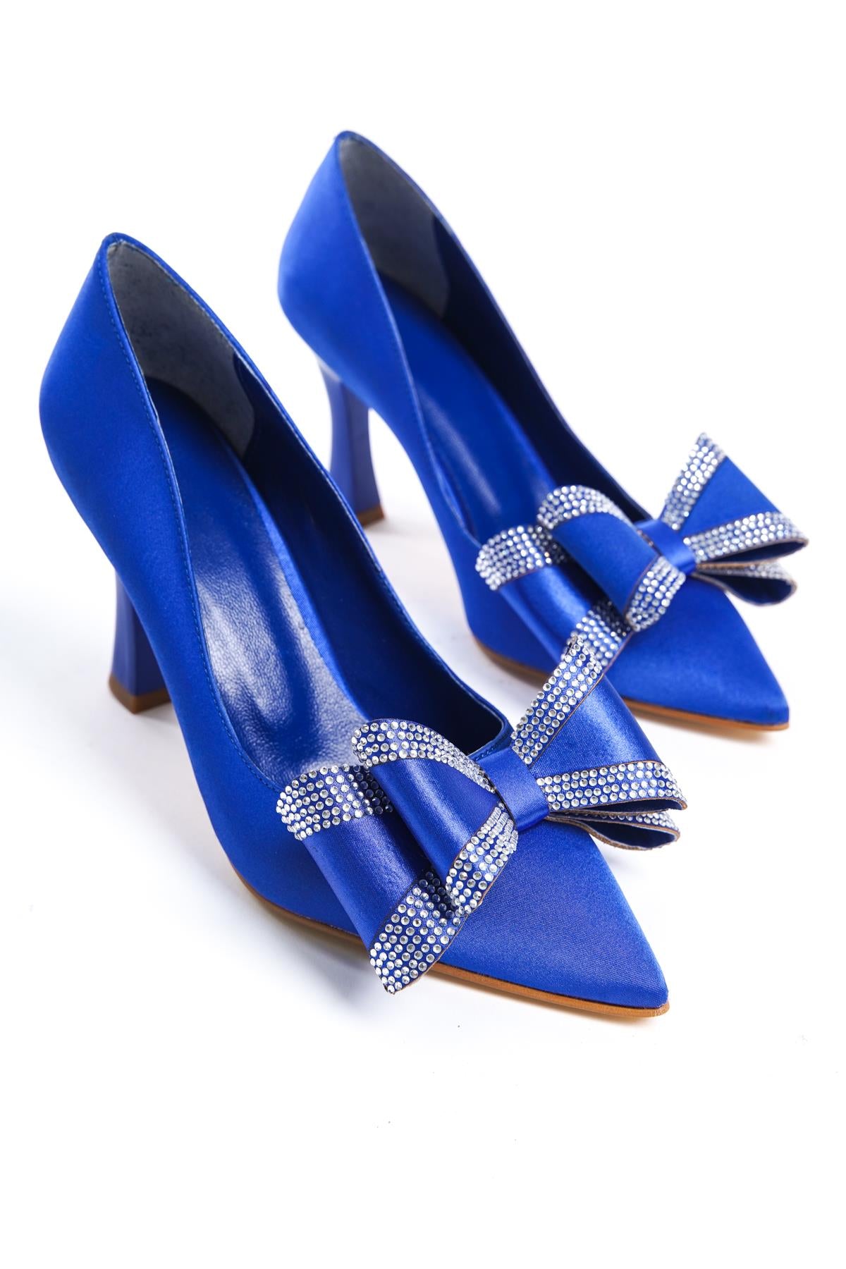Women's Blue Fasm Satin Painted Heel Bow Detailed Evening Dress Shoes - STREETMODE ™