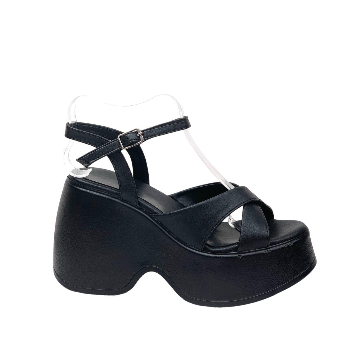 Women's Retya Black High Wedge Heel Cross Strap Sandals 10 CM - STREETMODE ™