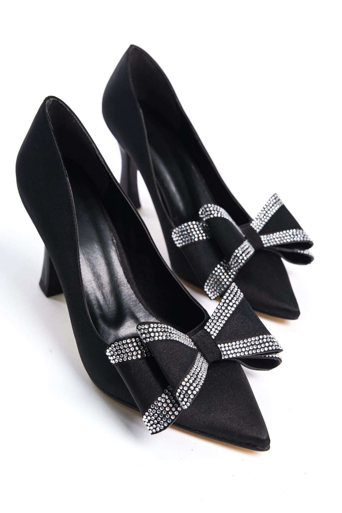 Women's Black Fasm Satin Painted Heel Bow Detailed Evening Shoes - STREETMODE ™