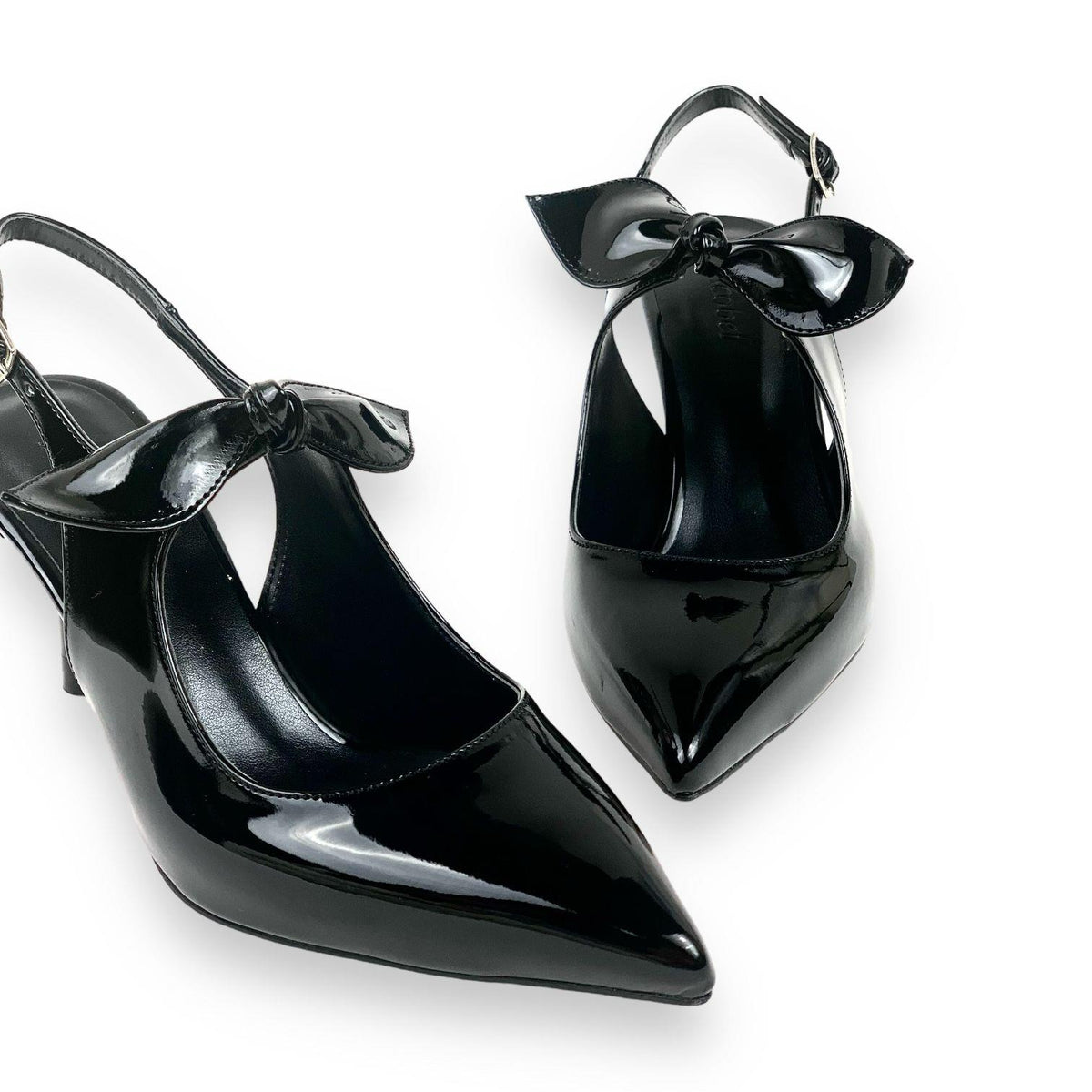 Women's Black Patent Leather Material Tanb Bow Detailed Heeled Pointed Toe Shoes 7 cm Heel