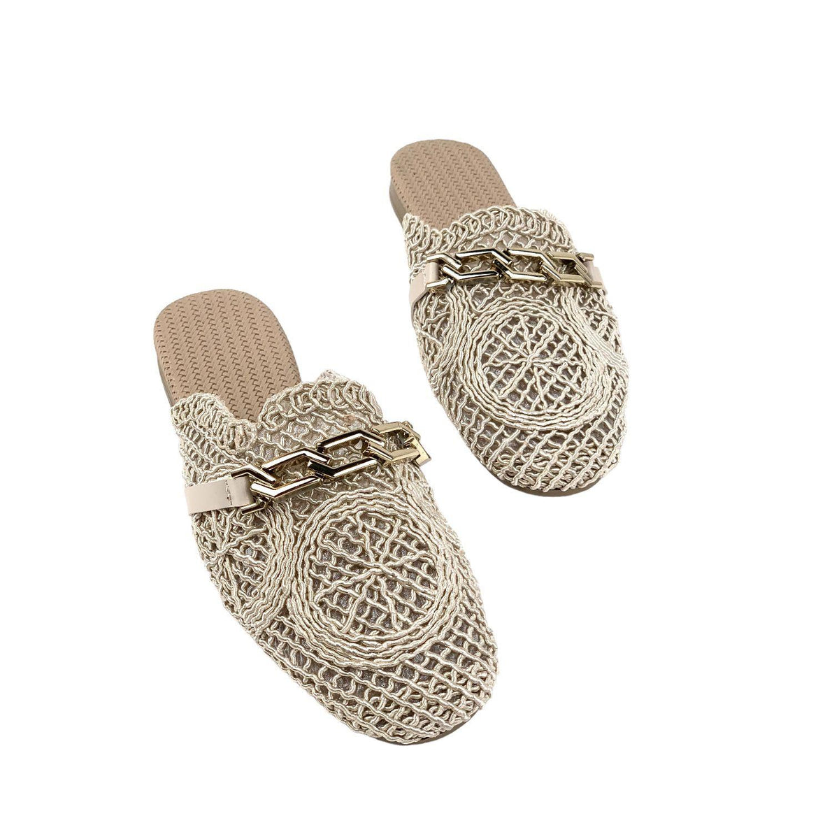 Women's Term Beige Stone Detailed Knitwear Slippers 1cm