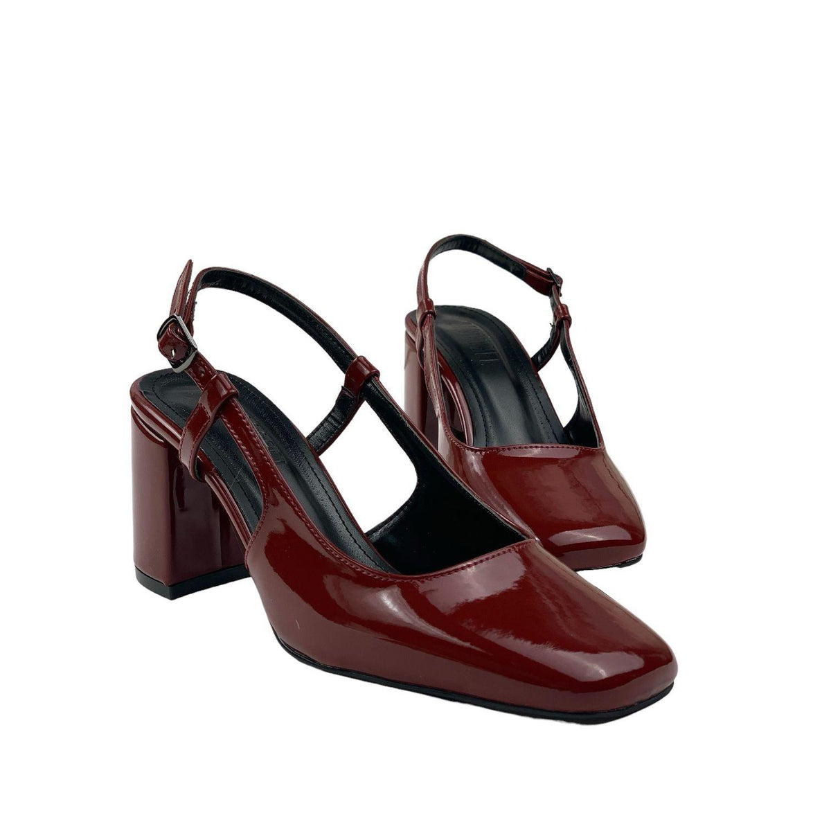 Women's Collar Claret Red Patent Leather Round Toe Open Back Sandals 8 Cm