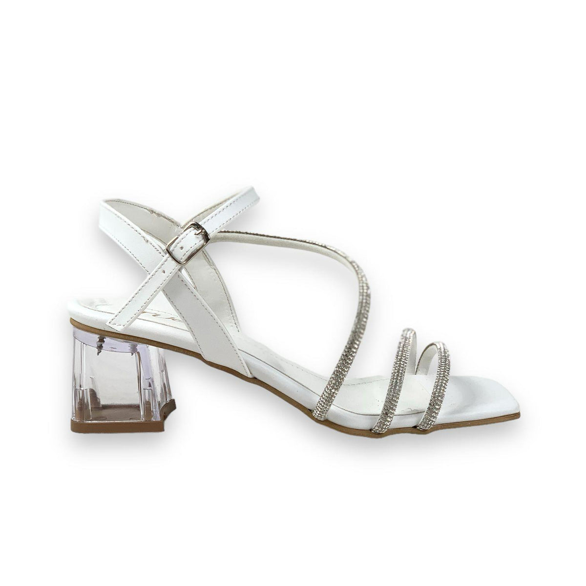 Women's Yens White Skin Low Transparent Heel Stone Sandals 5 Cm - STREETMODE ™