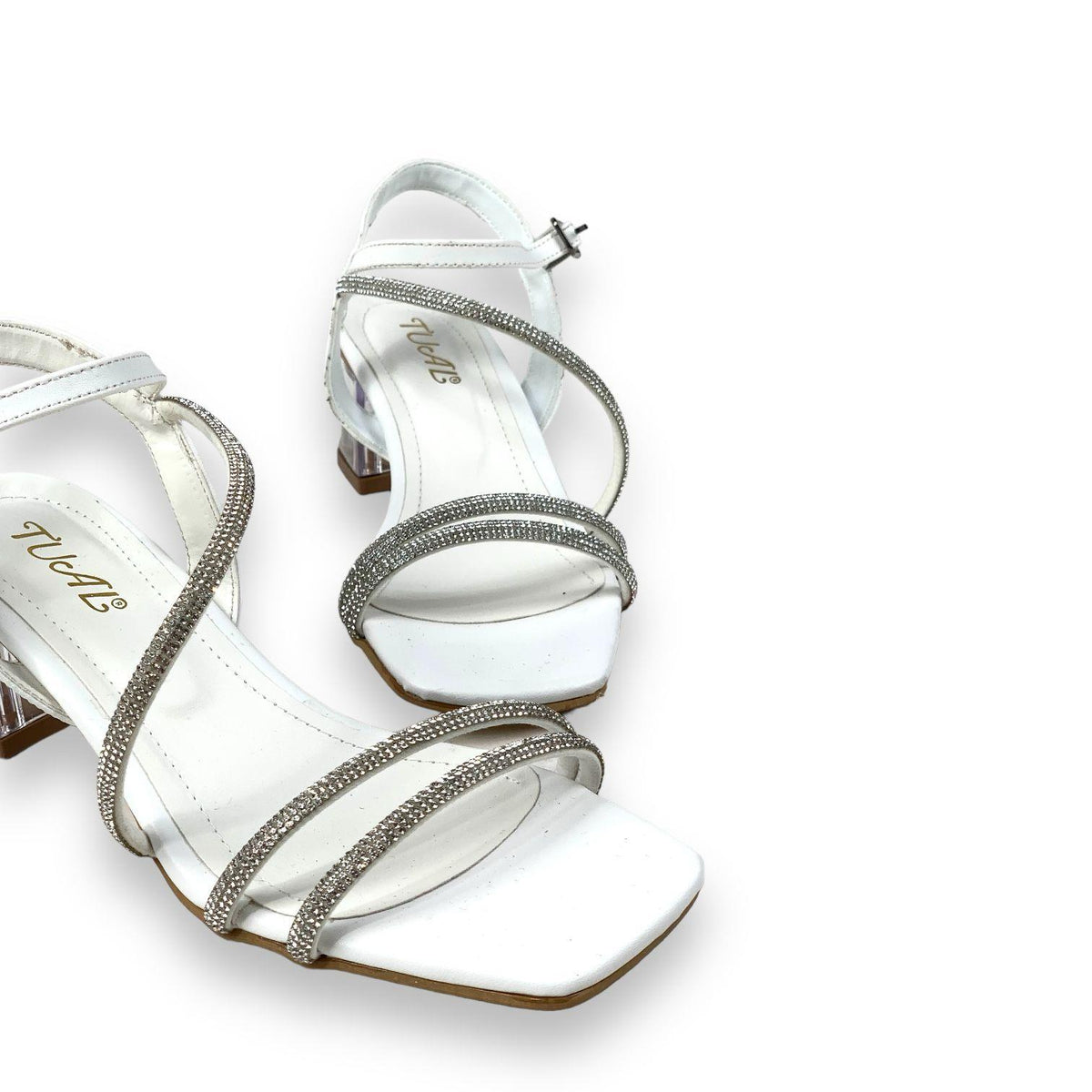 Women's Yens White Skin Low Transparent Heel Stone Sandals 5 Cm - STREETMODE ™